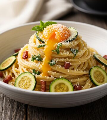 Giada De Laurentiis' lightened-up zucchini carbonara: a creamy, veggie-packed pasta dish that's ready in under 30 minutes for easy weeknight dinners.